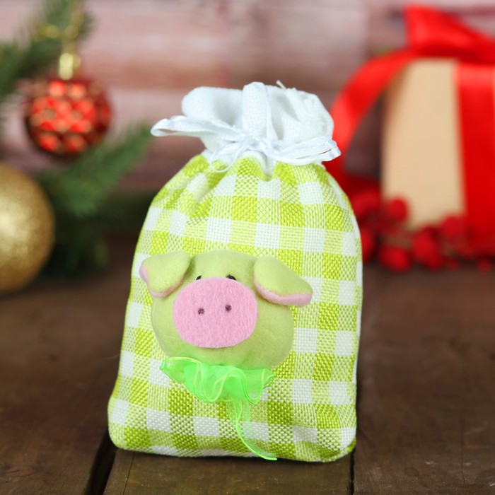 Мешок для подарков "Хрюша" в клеточку, цвета МИКС, вместимость 200 г