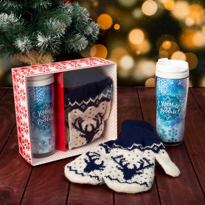 Подарочный набор "С Новым годом. Снежинки" термостакан, варежки р-р 19