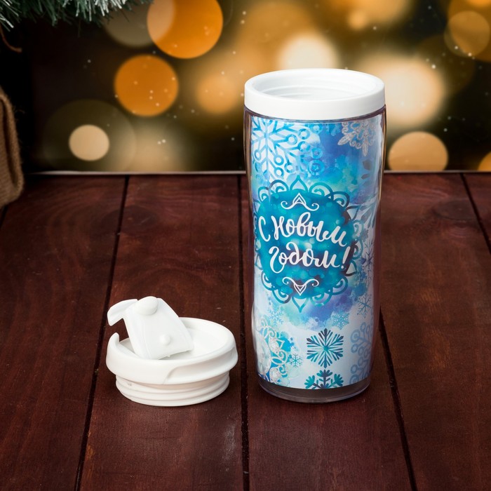 Подарочный набор "С Новым годом. Снежинки" термостакан, варежки р-р 19