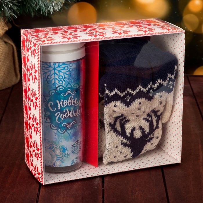 Подарочный набор "С Новым годом. Снежинки" термостакан, варежки р-р 19