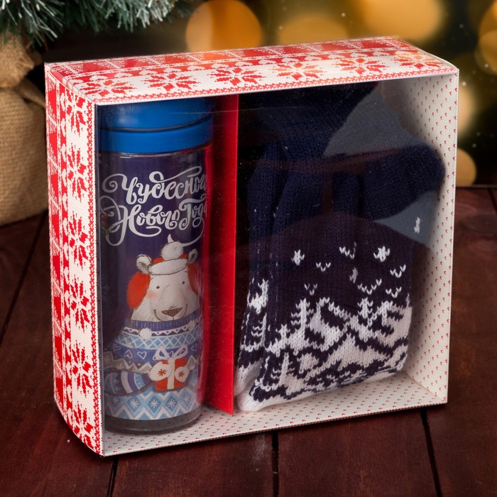 Подарочный набор "Чудесного нового года" термостакан, варежки р-р 19
