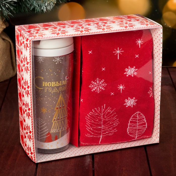 Подарочный набор "С Новым годом. Елочки" термостакан, снуд 28х24 см
