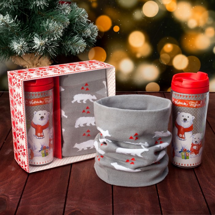 Подарочный набор "С Новым годом. Медведь" термостакан, снуд 28х24 см
