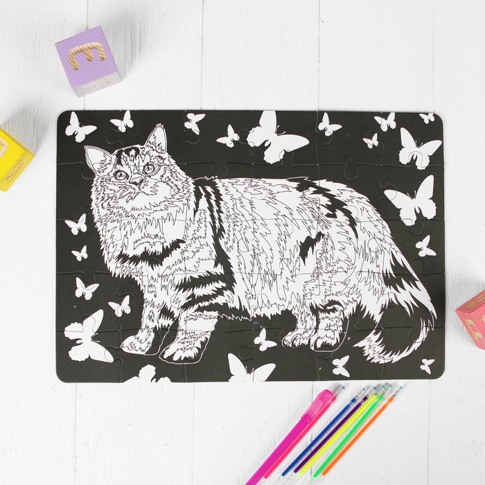 Раскраска - пазл "Кот и совы" 2 в 1, 6 неоновых цветов