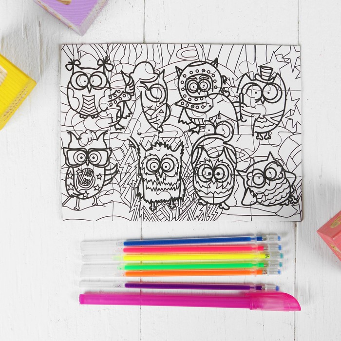 Раскраска - пазл "Кот и совы" 2 в 1, 6 неоновых цветов