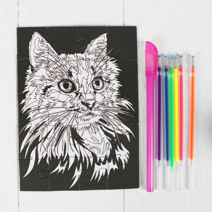 Раскраска - пазл "Бабочки и кот" 2 в 1, 6 неоновых цветов