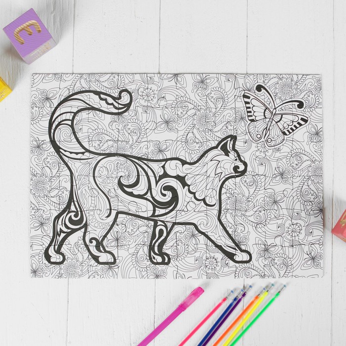 Раскраска - пазл "Кот и тигр" 2 в 1, 6 неоновых цветов