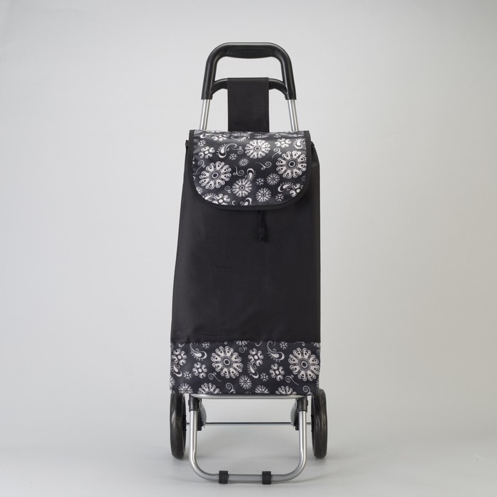 Сумка хозяйственная на колёсах «Цветы» , отдел на шнурке, нагрузка до 15 кг, цвет чёрный