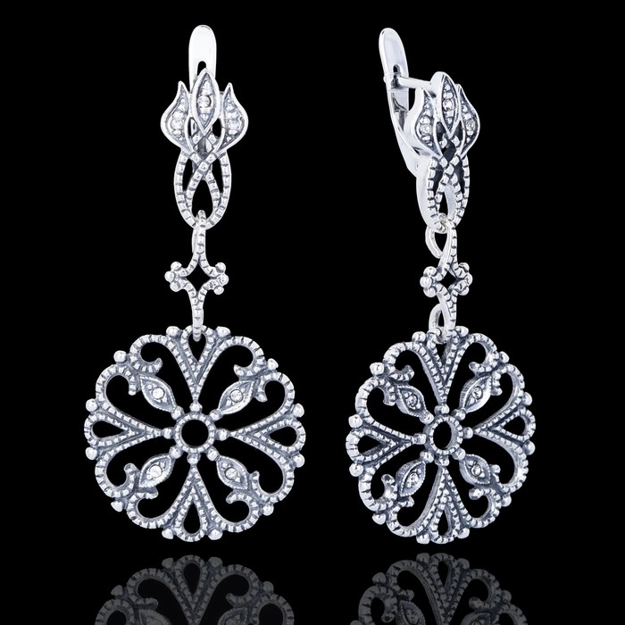 Серьги "Буффо", цвет белый в чернёном серебре