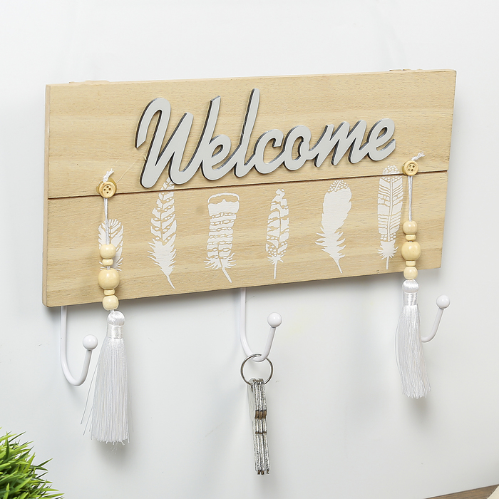 Крючки декоративные дерево "Белые пёрышки. Welcome" 18,5х30х5 см