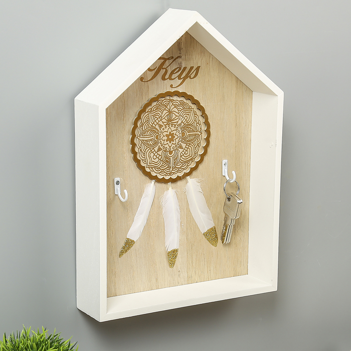 Крючки декоративные дерево "Кружевной ловец снов с пёрышками" домик 33,5х24х6 см