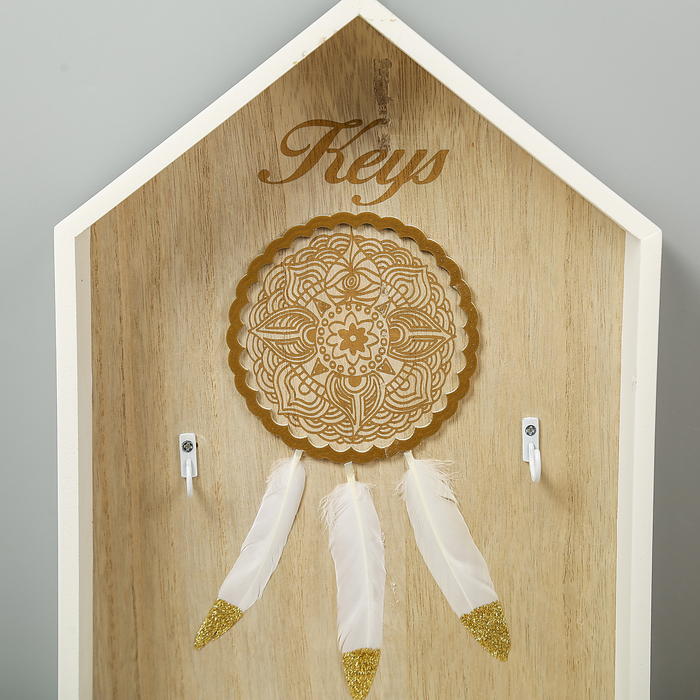 Крючки декоративные дерево "Кружевной ловец снов с пёрышками" домик 33,5х24х6 см