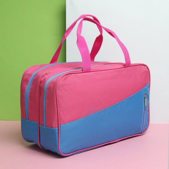 Сумка дорожная, 2 отдела на молниях, 2 наружных кармана, цвет малиновый/голубой