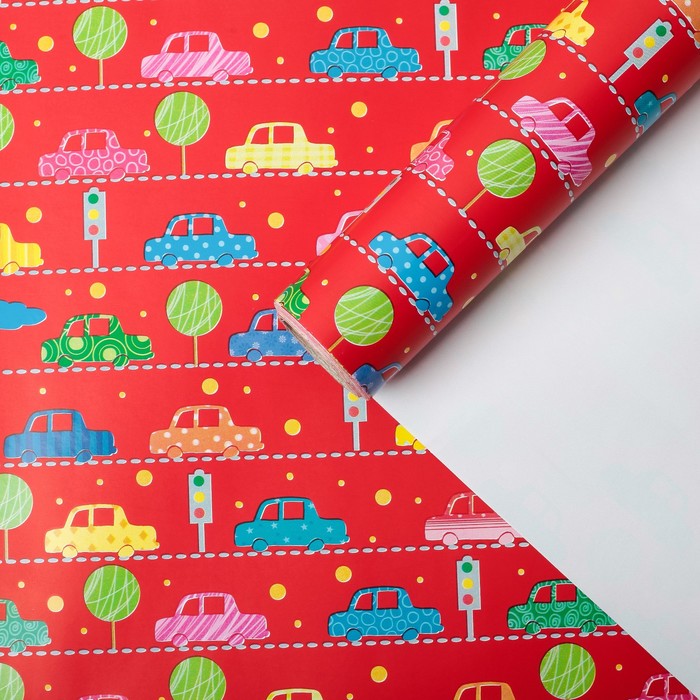 Бумага для декорирования, "Тачки", красный, 0,7 х 10 м