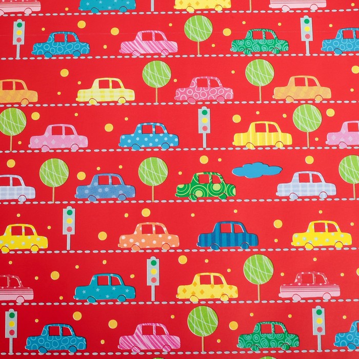 Бумага для декорирования, "Тачки", красный, 0,7 х 10 м