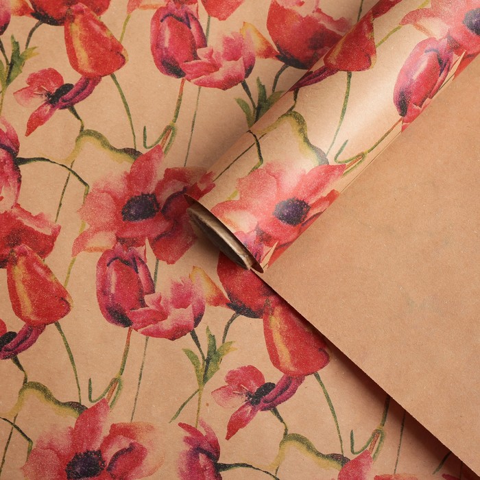 Бумага для декорирования крафт, "Маки", красно-бежевый, 0,7 х 10 м