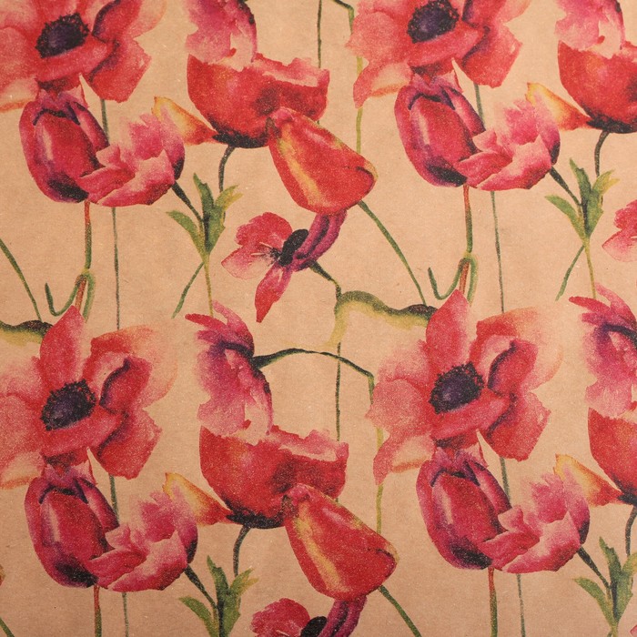 Бумага для декорирования крафт, "Маки", красно-бежевый, 0,7 х 10 м