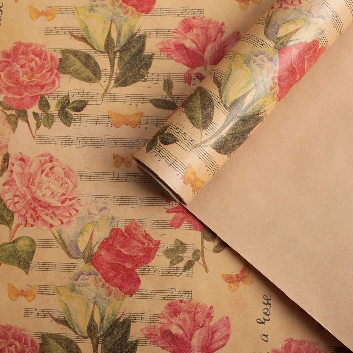 Бумага для декорирования крафт, "Цветы и музыка", винтажно-бежевый, 0,7 х 10 м