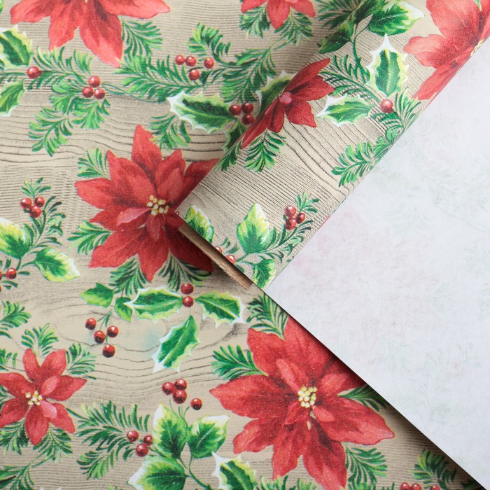 Бумага для декорирования крафт, "Зимние цветы", красный, тёмно-бежевый, 0,7 х 10 м