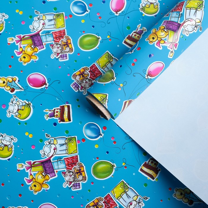 Бумага для декорирования, "Мягкие игрушки", синяя, 0,7 х 10 м