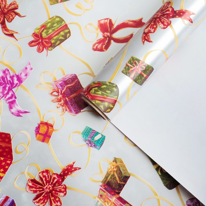 Бумага для декорирования, "Новогодние подарки", серая, 0,7 х 10 м