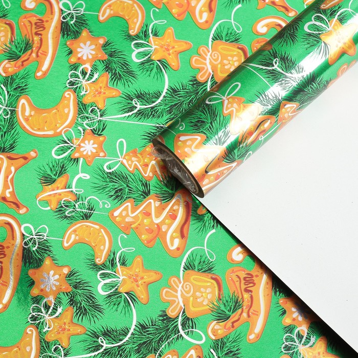 Бумага для декорирования, "Имбирное печенье", металлизированная, зелёная, 0,7 х 10 м