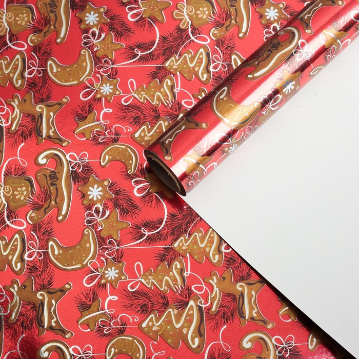 Бумага для декорирования, "Имбирное печенье", металлизированная, красная, 0,7 х 10 м