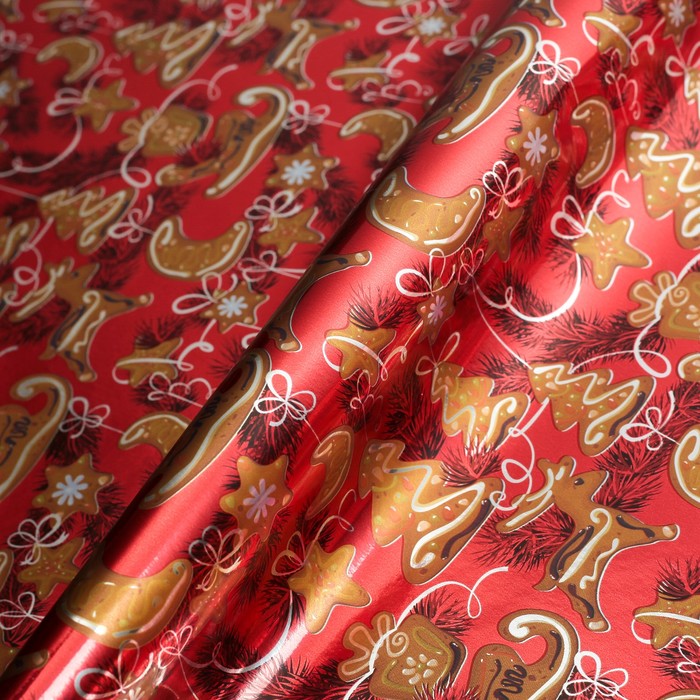 Бумага для декорирования, "Имбирное печенье", металлизированная, красная, 0,7 х 10 м