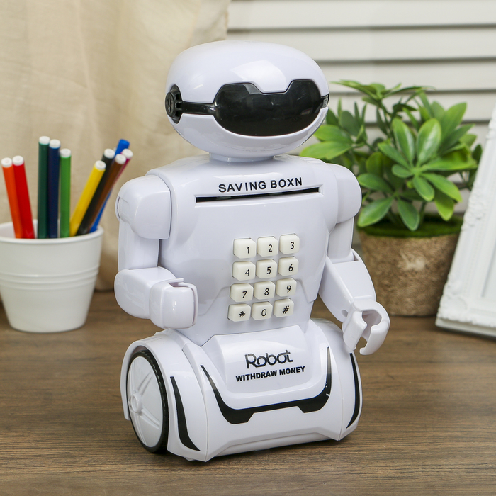 Копилка пластик для монет и купюр "Робот" от 3АА звук, светильник 16 диодов 30х16,7х10 см