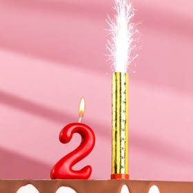 Свеча для торта цифра 'Овал' красная '2' + фонтан Ош