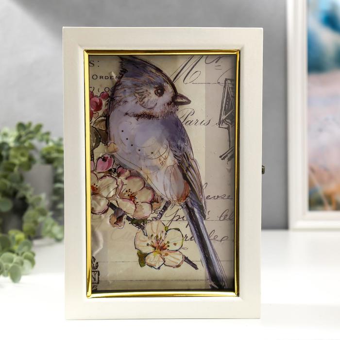 Ключница дерево 6 крючков "Птица на ветке с цветами 3D" белая с золотой полосой 25х17х6,5см