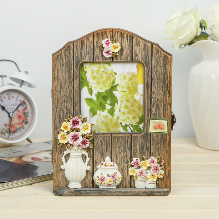 Ключница дерево 6 крючков с фоторамкой 10х11,5 см "Анютины глазки" 24,5х17х5 см