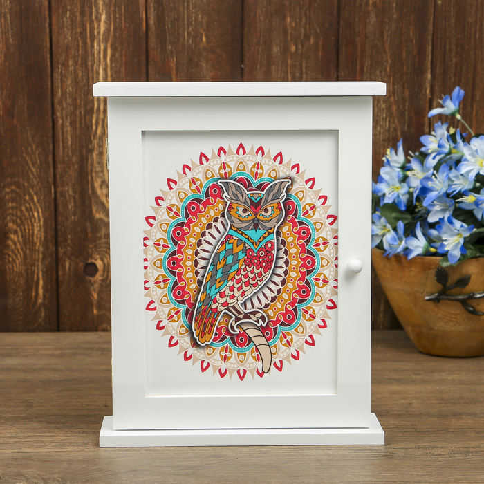 Ключница дерево 6 крючков "Филин" белая 28х22х6,5 см