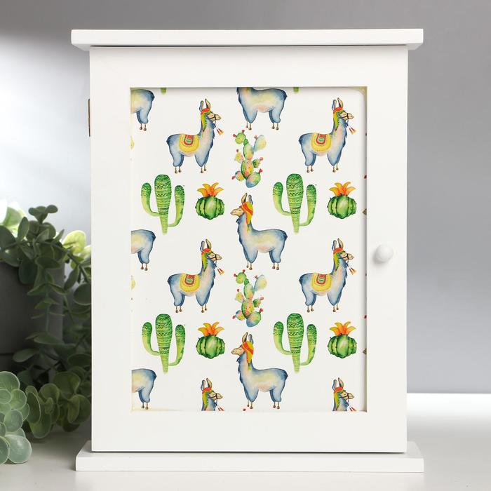 Ключница дерево 6 крючков "Ламы и кактусы" белая 28х22х6,5 см