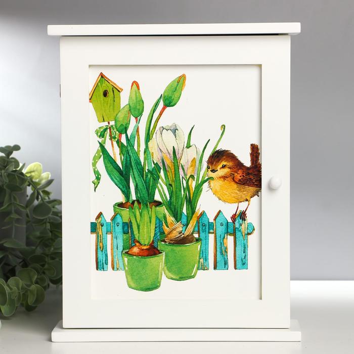 Ключница дерево 6 крючков "Воробей и цветы в горшочках" белая 28х22х6,5 см