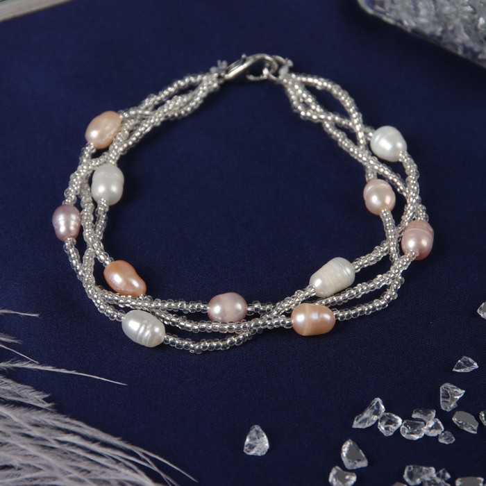 Браслет с жемчугом "Изобилие" переплетение, цвет бело-розовый