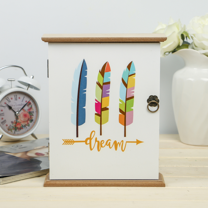 Ключница дерево 6 крючков "Три перышка" 24,5х19,7х6 см