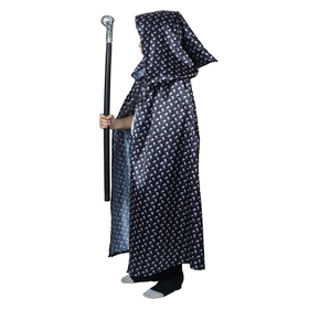 

Карнавальный плащ с капюшоном, чёрный с белыми черепами, атлас, длина 85 см + трость