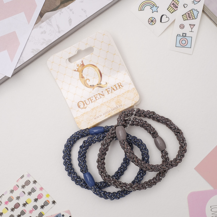 Резинка для волос "Джина" (на хлястике 4 шт) блеск, голубой и серый