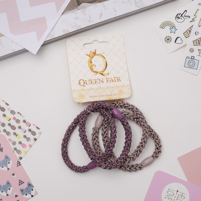 Резинка для волос "Джина" (на хлястике 4 шт) блеск, розовый и сиреневый