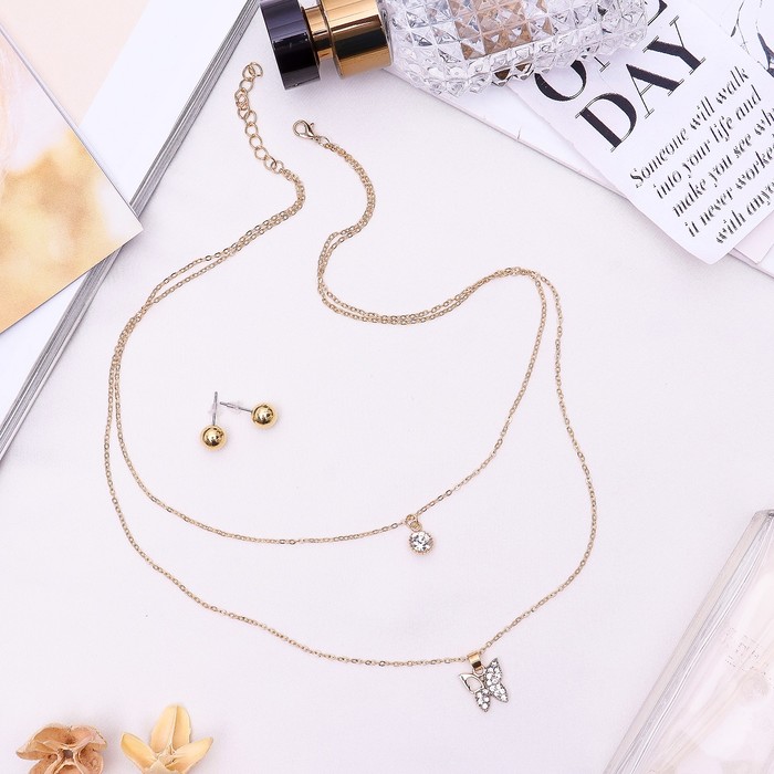 Гарнитур 2 предмета: серьги, кулон двойной "Бабочка", цвет белый в золоте, 45 см