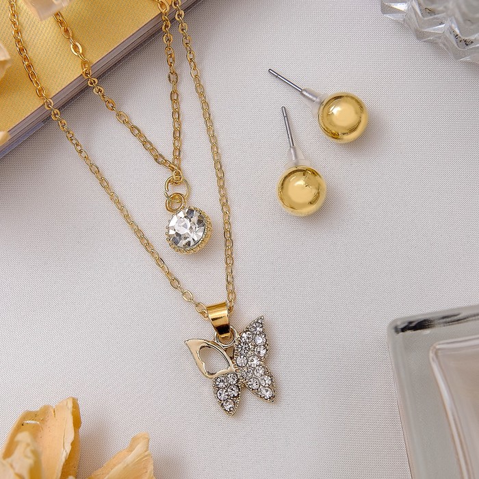 Гарнитур 2 предмета: серьги, кулон двойной "Бабочка", цвет белый в золоте, 45 см