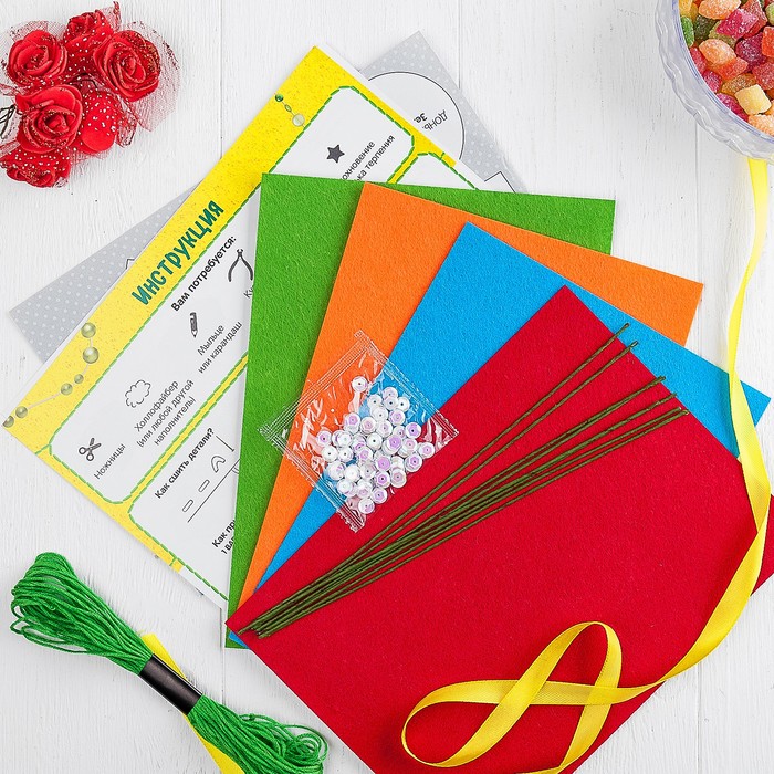 Набор для создания букета из фетра "Цветы в горшочке" + игла, нитки, лента