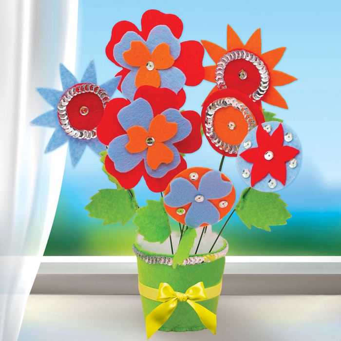 Набор для создания букета из фетра "Цветы в горшочке" + игла, нитки, лента