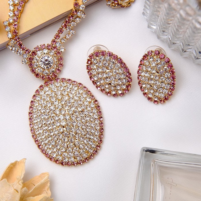 Набор 2 предмета: серьги, колье "Искры вечера" овал, цвет бело-сиреневый в золоте