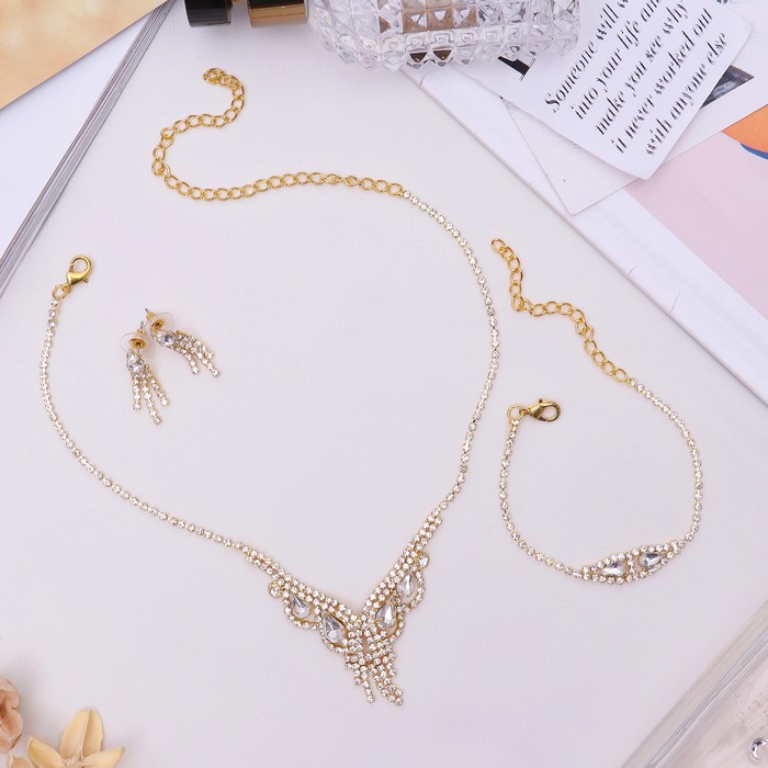 Набор 3 предмета: серьги, колье, браслет "Утончённая классика" нити, цвет белый в золоте