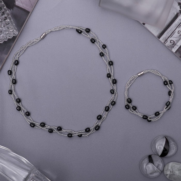 Набор 2 предмета: бусы, браслет "Жемчужное изобилие", цвет чёрно-белый, 45 см