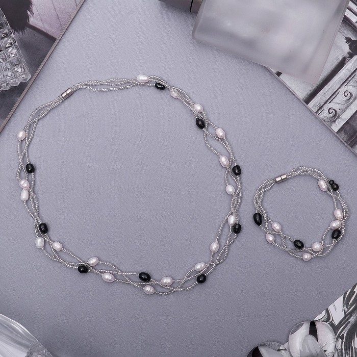 Набор 2 предмета: бусы, браслет "Жемчужное изобилие", цвет бело-чёрный, 45 см