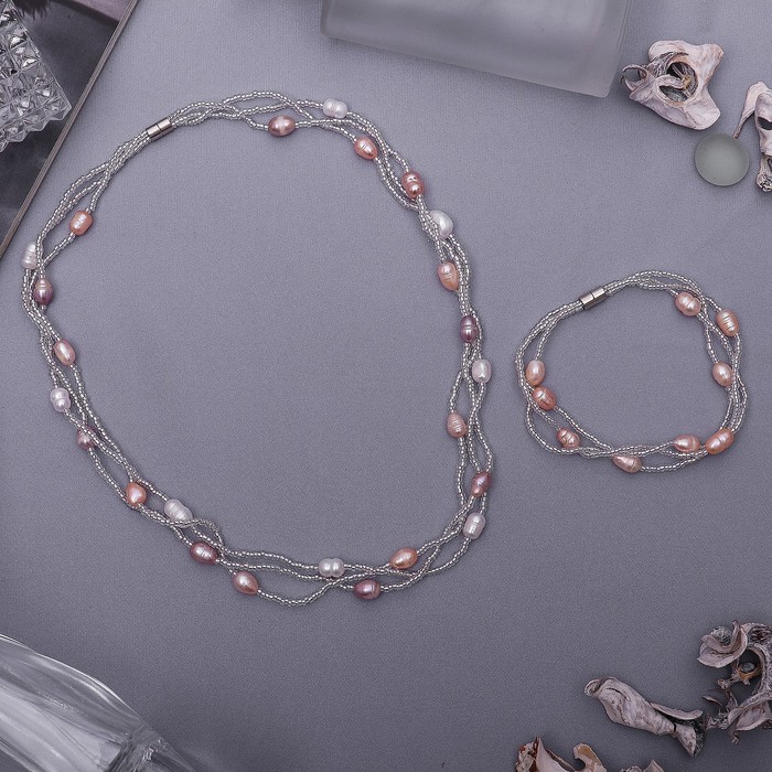 Набор 2 предмета: бусы, браслет "Жемчужное изобилие", цвет бело-розовый,45см