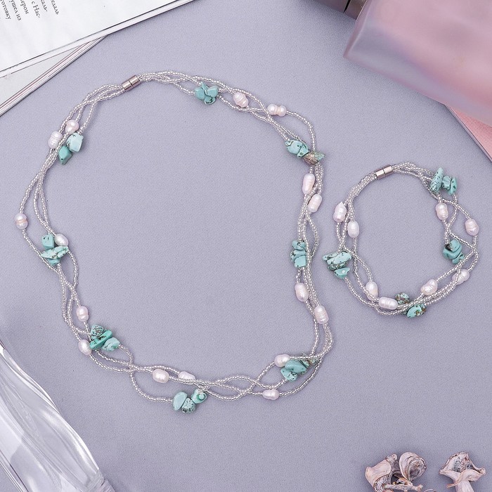 Набор 2 предмета: бусы, браслет "Жемчужное изобилие" бирюза, цвет бело-голубой, 45 см